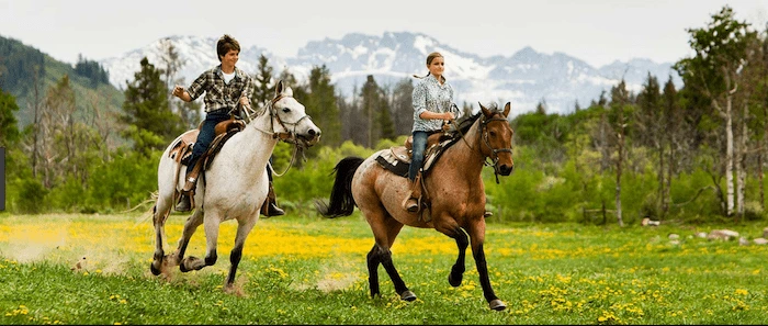 Confident plus-size woman riding Ruislip a horse through a field with a smile on her face.